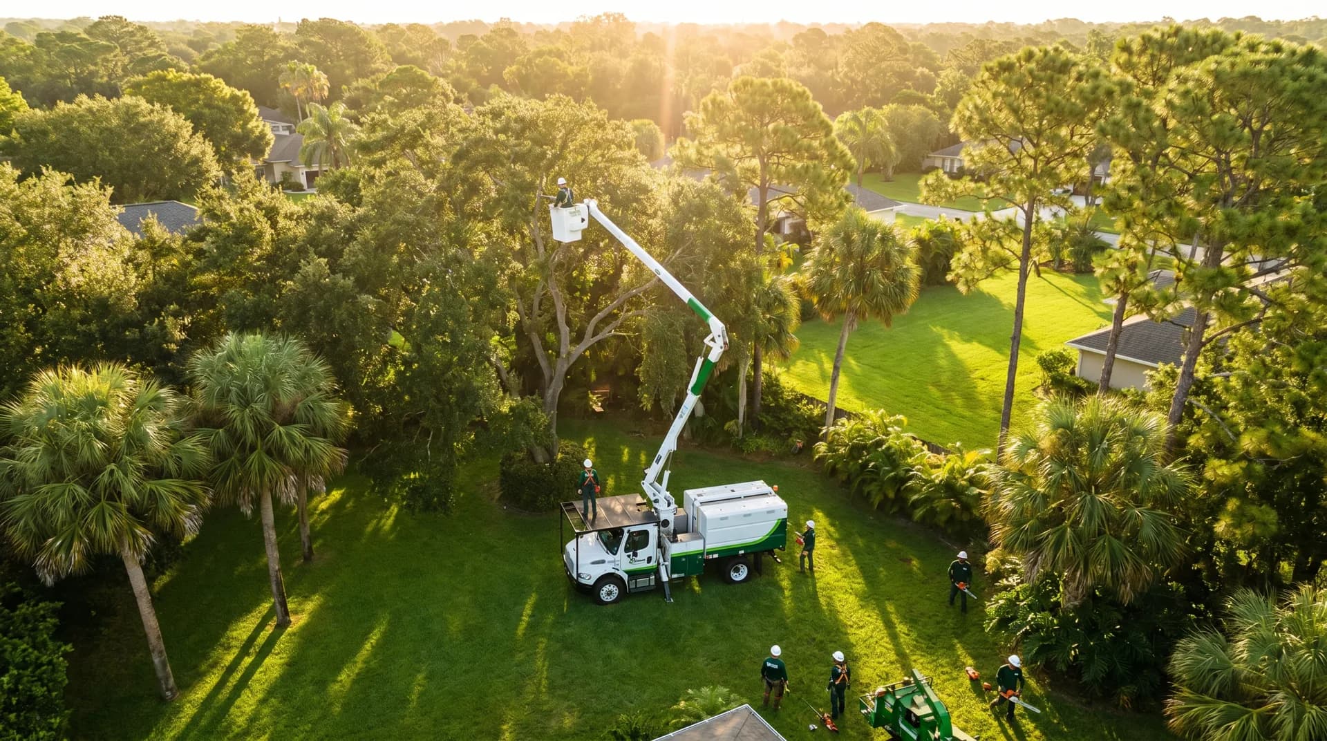 Aerial view of a Florida neighborhood tree canopy at golden hour