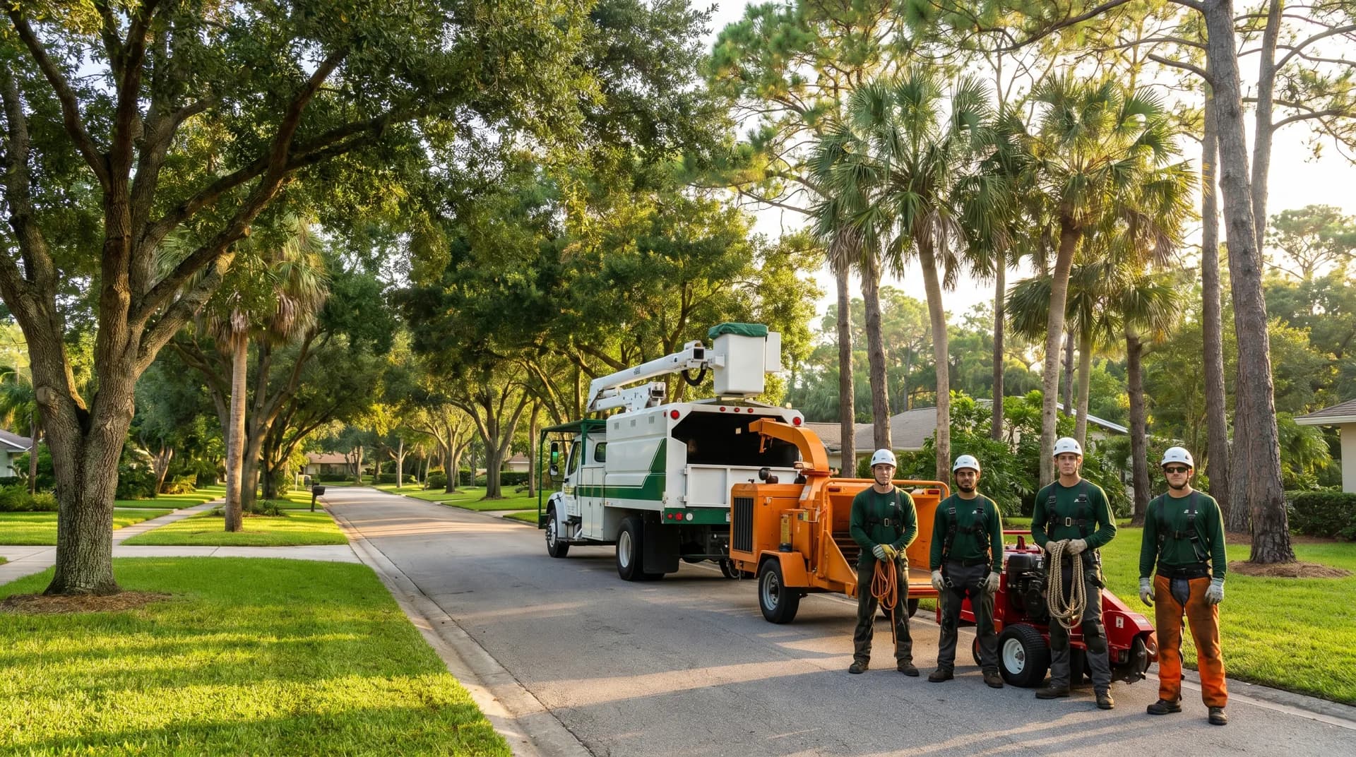 Eco Green tree-service crew with their bucket truck, chipper, and stump grinder