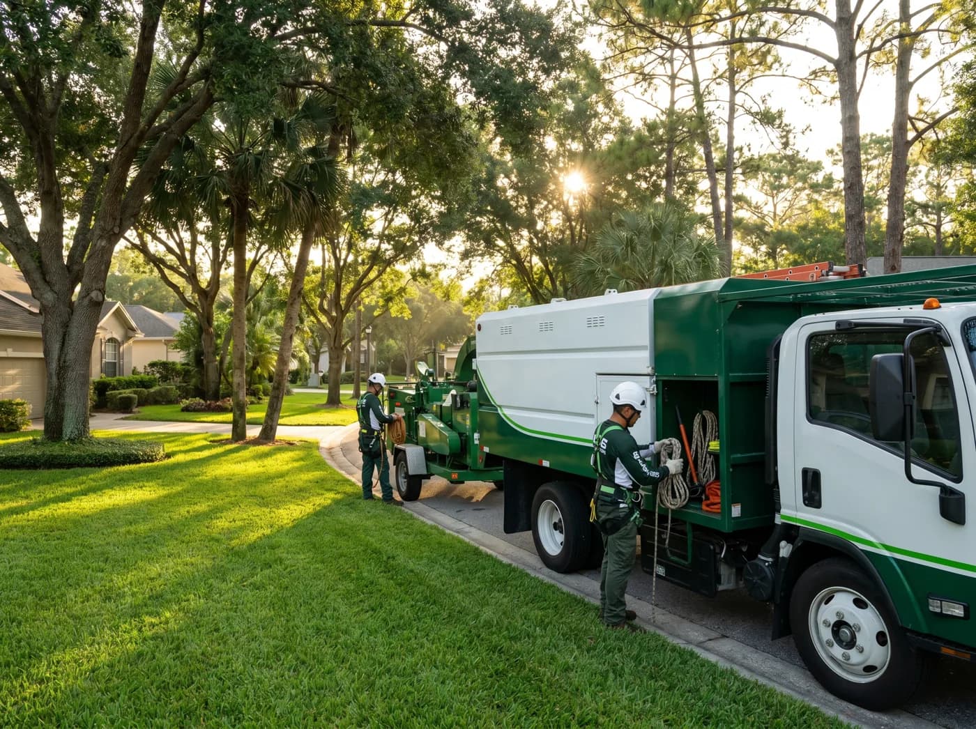 Eco Green truck and wood chipper parked at a finished job site